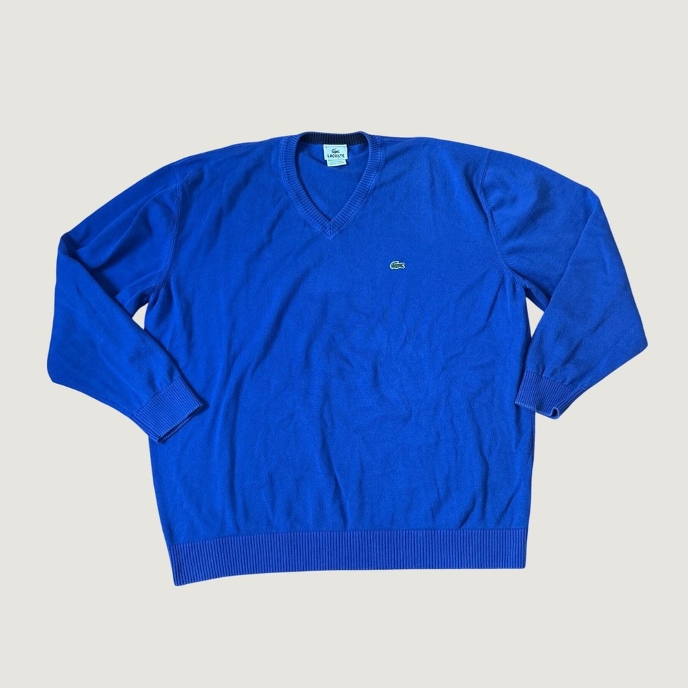 Lacoste V-Neck Sweater Mens Blue Cotton Logo Pullover SIZE 8 XXL
